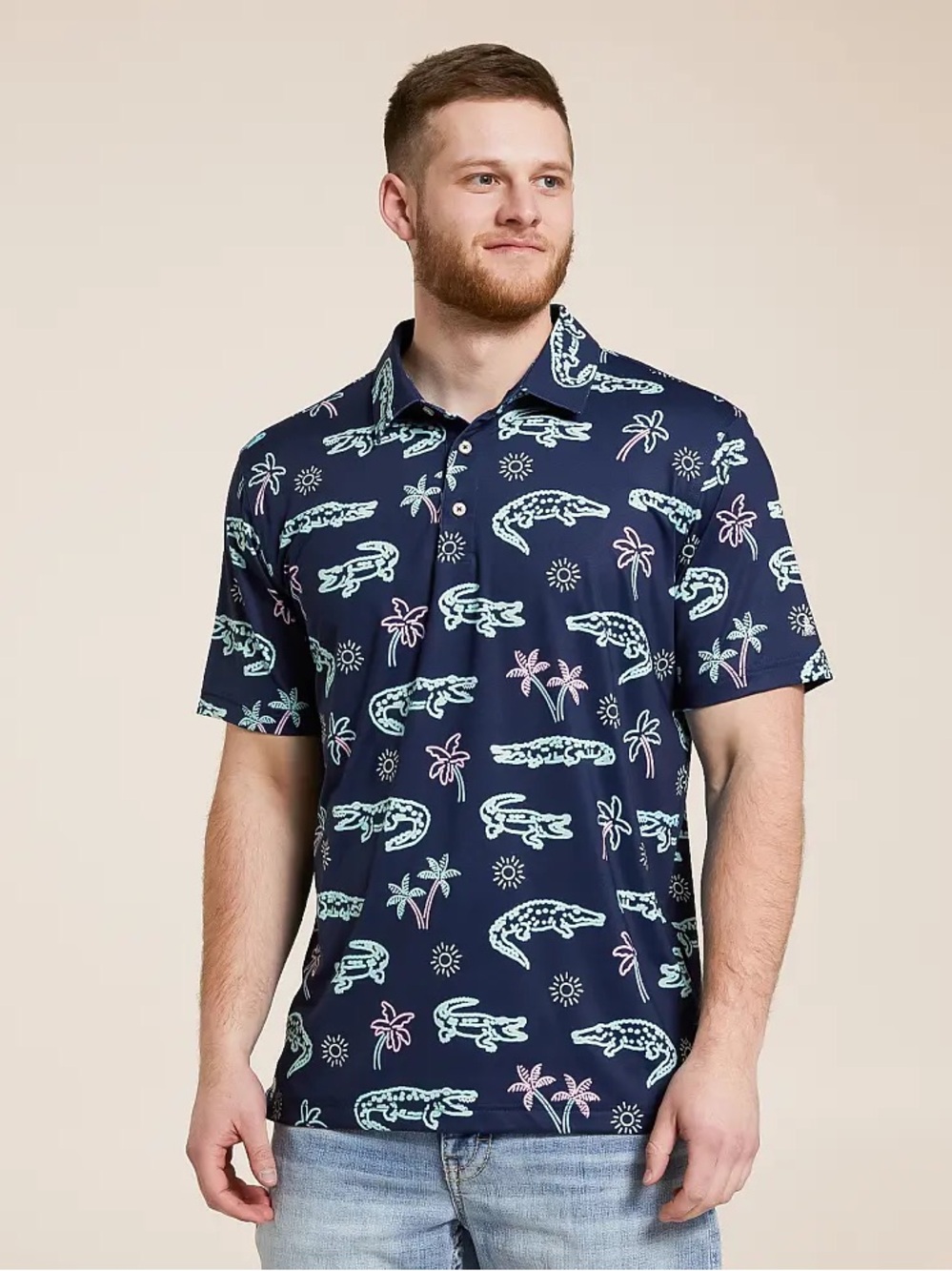Chubbies- New Men's Navy Alligator Print Polo Shirt - Classic Casual